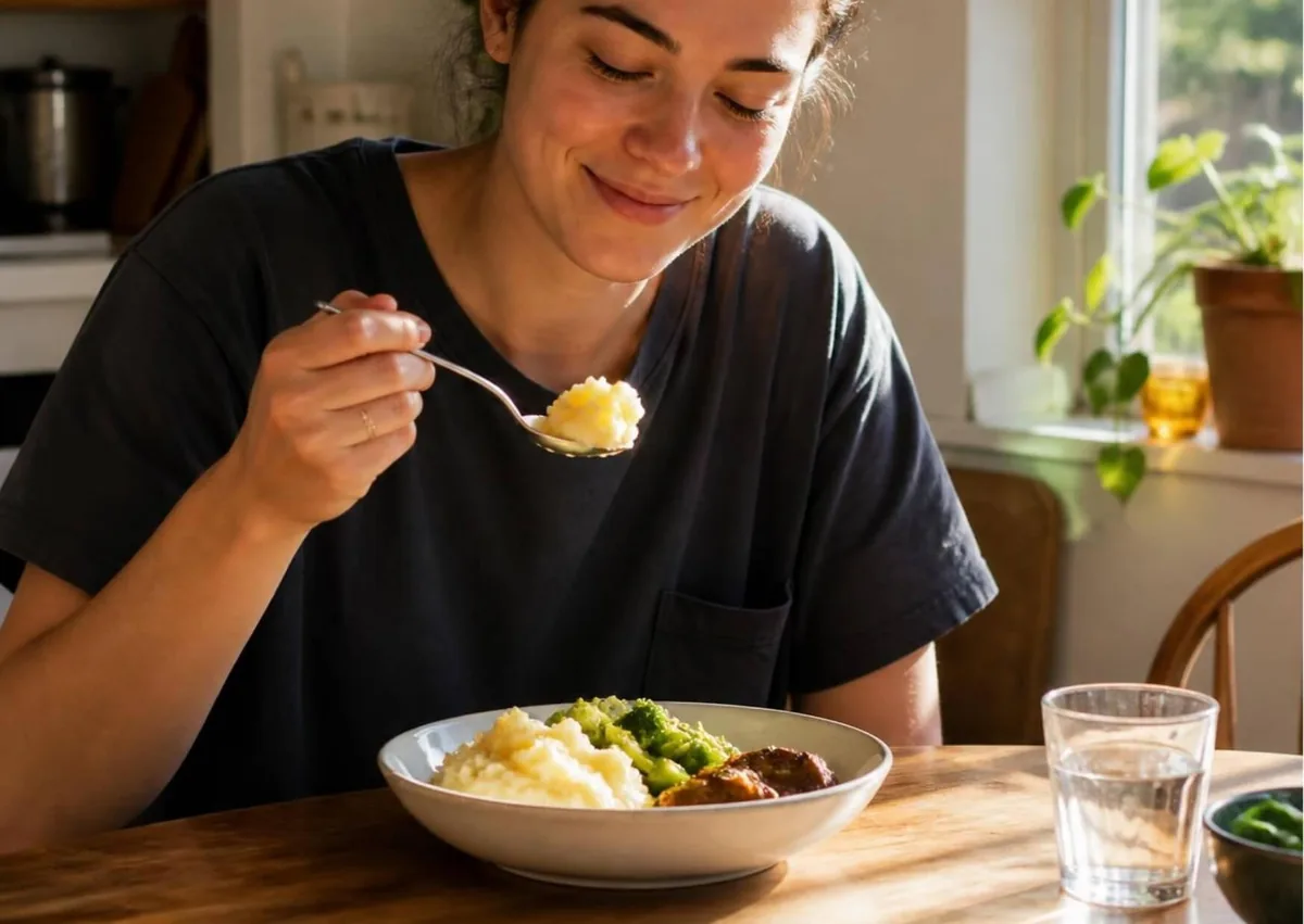 Woman eating mashed potatoes as a soft food after dental implant surgery.