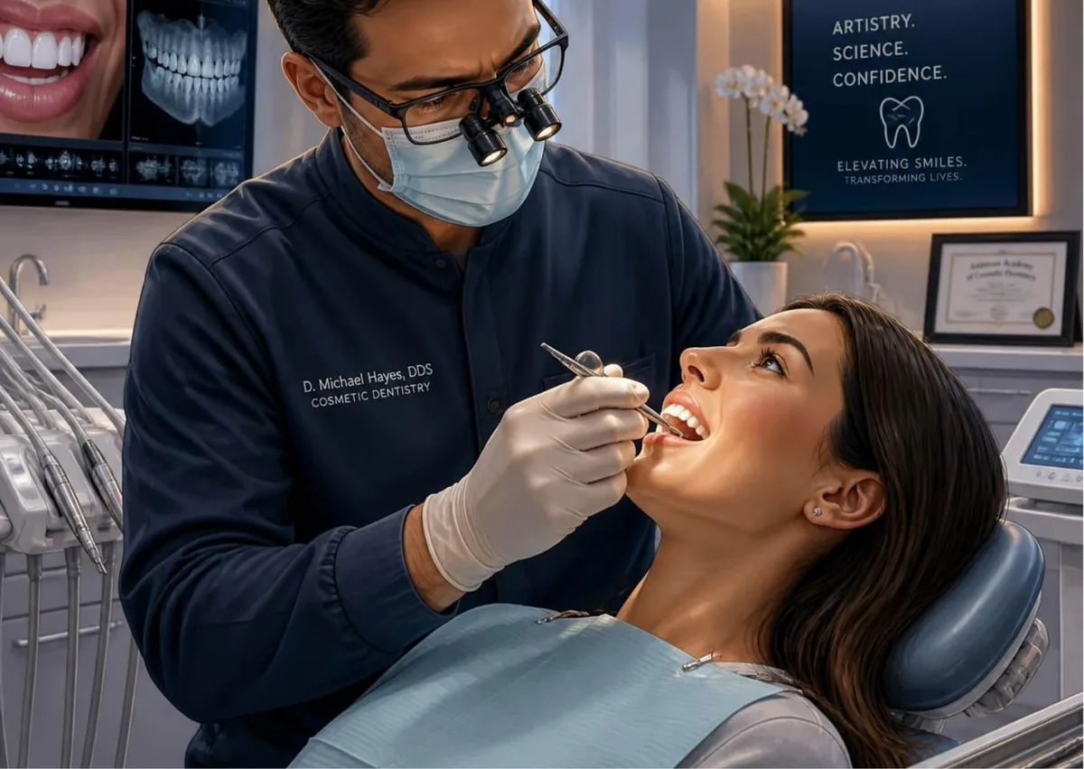 Cosmetic dentist examining a patient&rsquo;s smile during a cosmetic dentistry appointment.