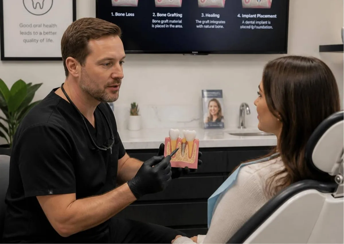 Dentist explaining a bone graft for dental implants using a tooth and jawbone model.