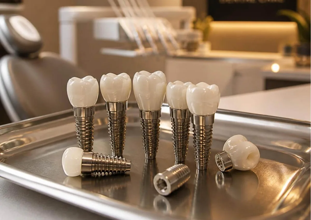 Dental implants with tooth-colored crowns illustrating durable tooth replacement and dental implant longevity.
