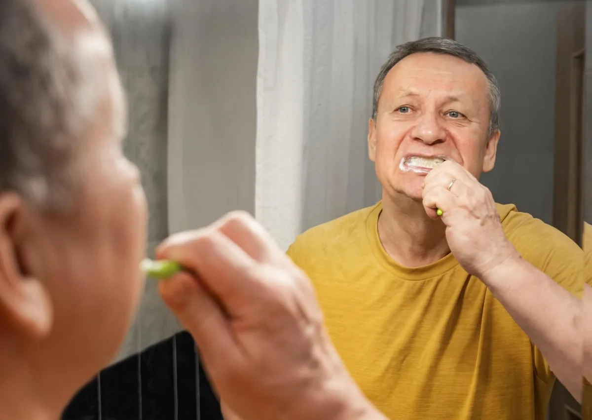 Older adult brushing his teeth to support oral hygiene and long-term dental implant longevity.