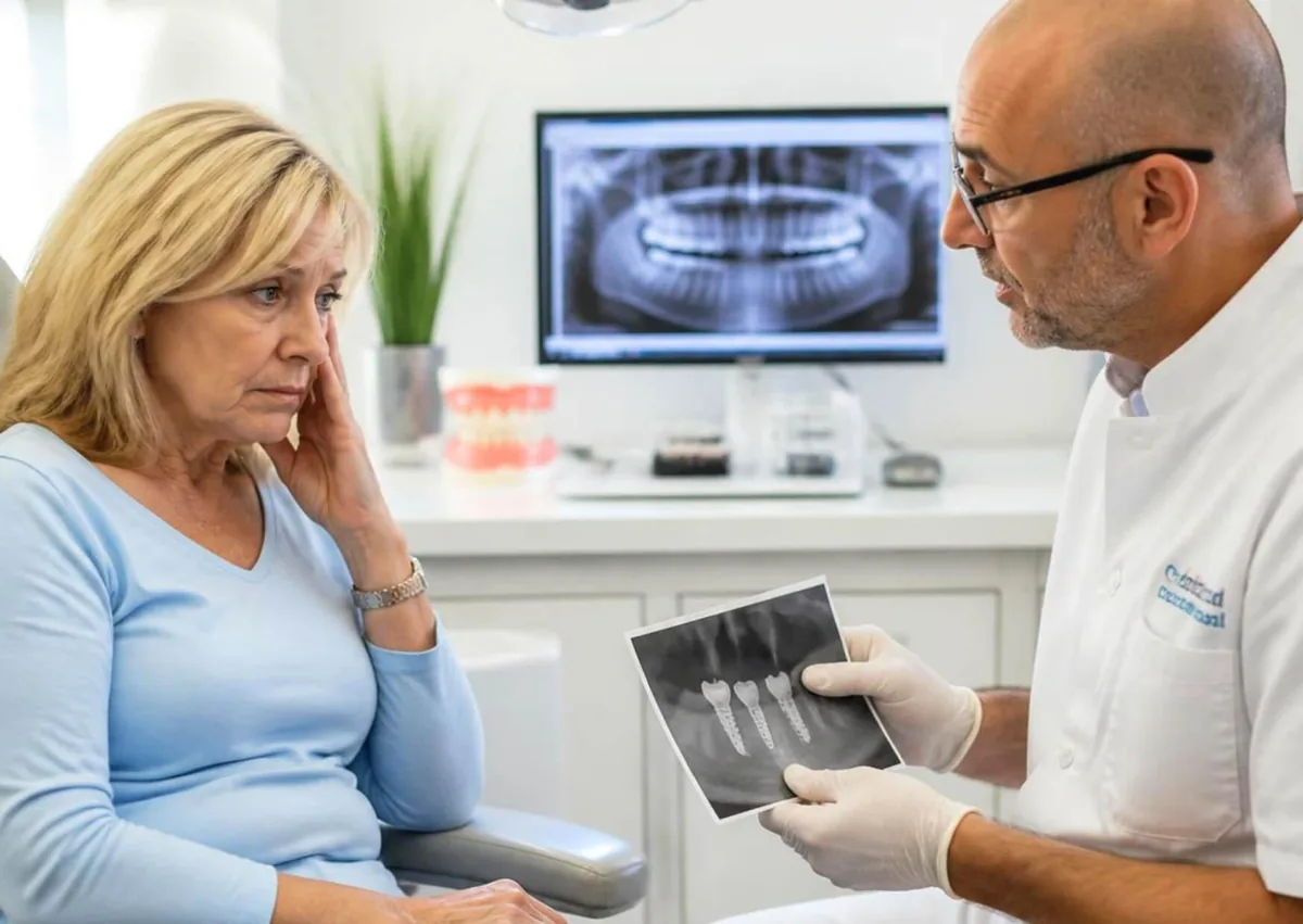 Dentist reviewing dental X-rays with a patient while discussing possible dental implant failure.
