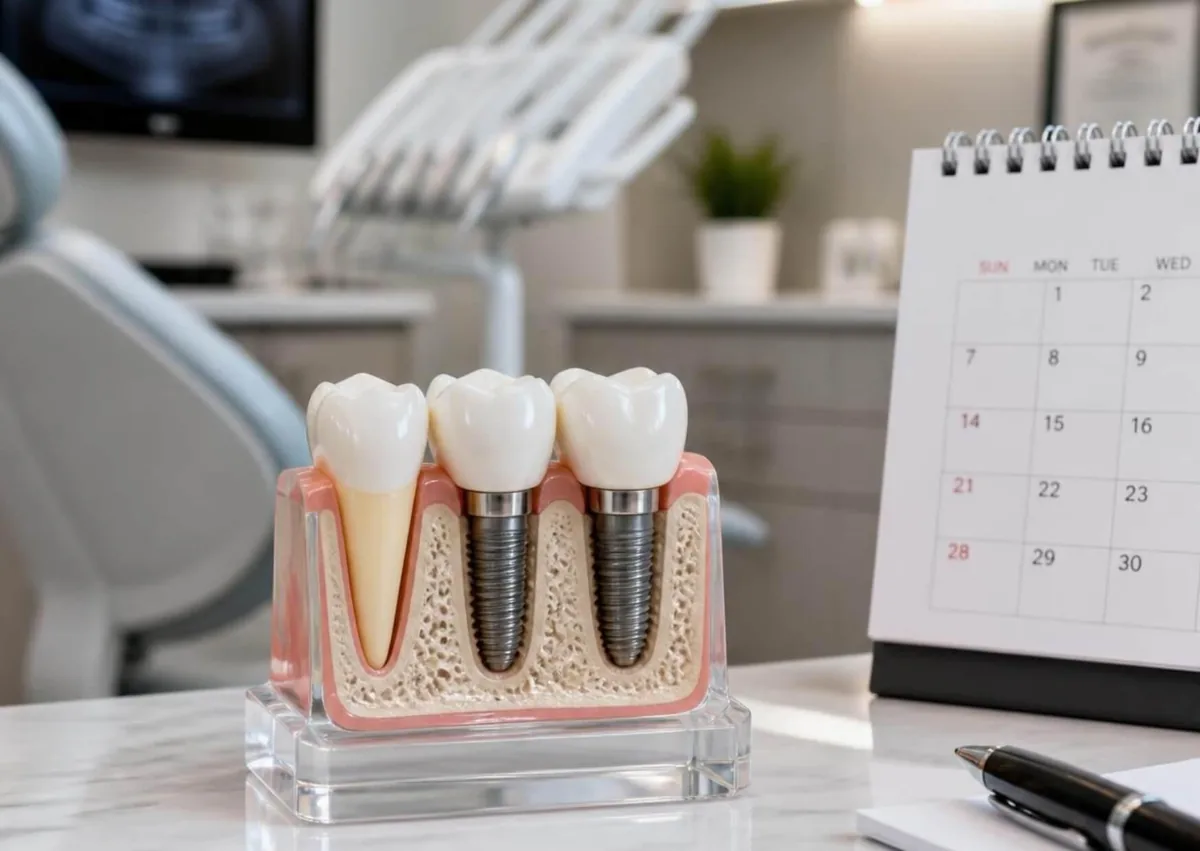 Dental implant model beside a calendar illustrating the healing timeline between tooth extraction and implant placement.
