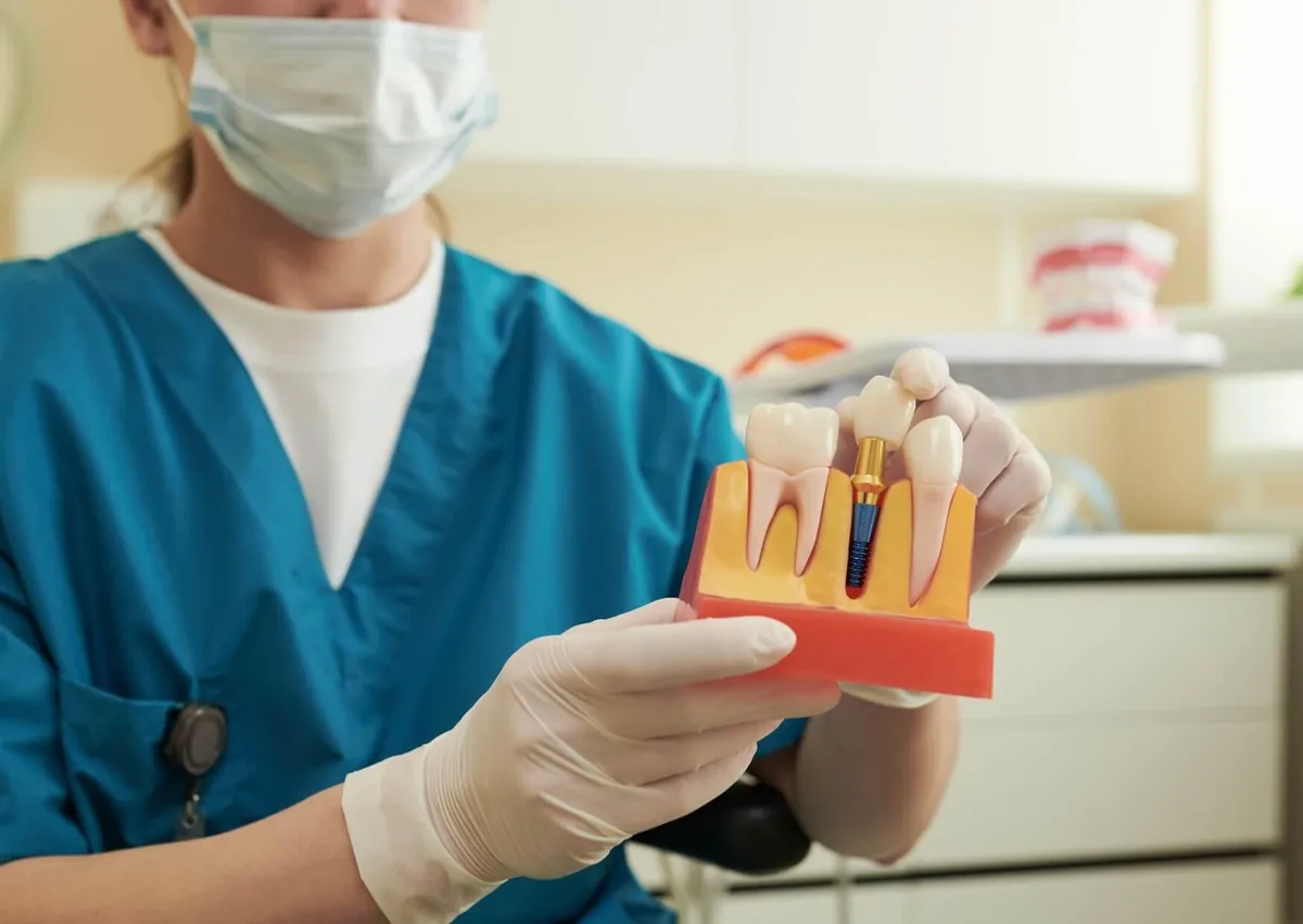 Dental professional holding a model of a single tooth implant while explaining factors that affect implant cost.